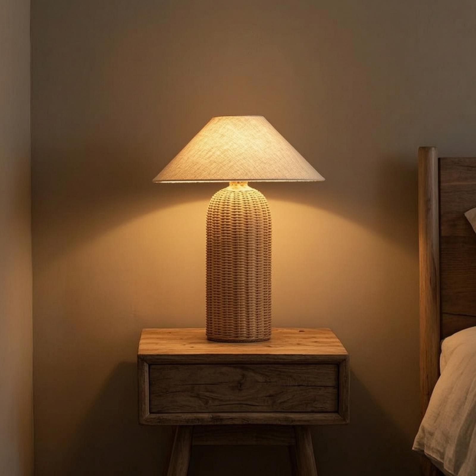 Bedside Lamp Rattan Base Fabri - Desk Setup Lamp ulasan dan harga