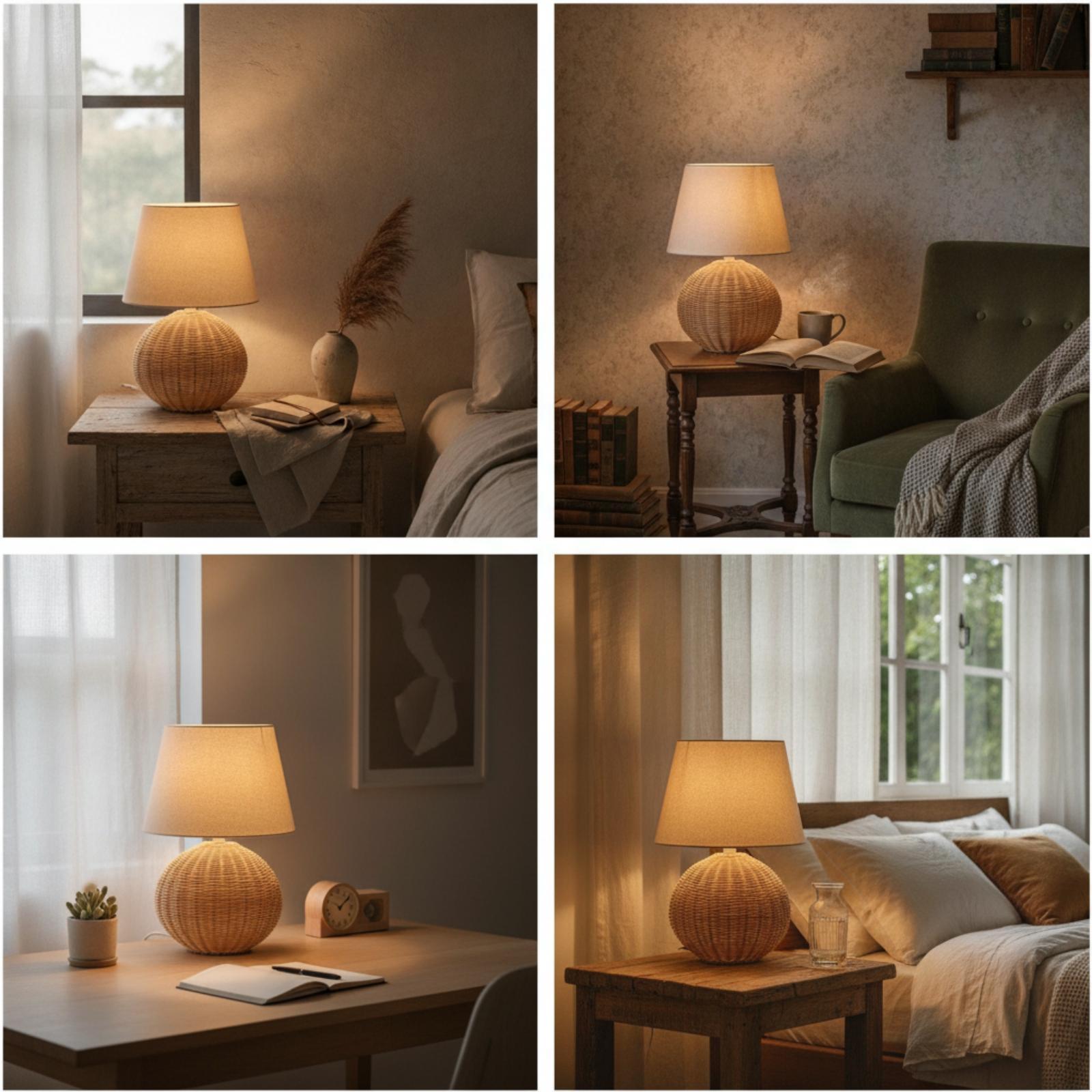 Bedside Lamp Rattan Base Fabri - Desk Setup Lamp ulasan dan harga