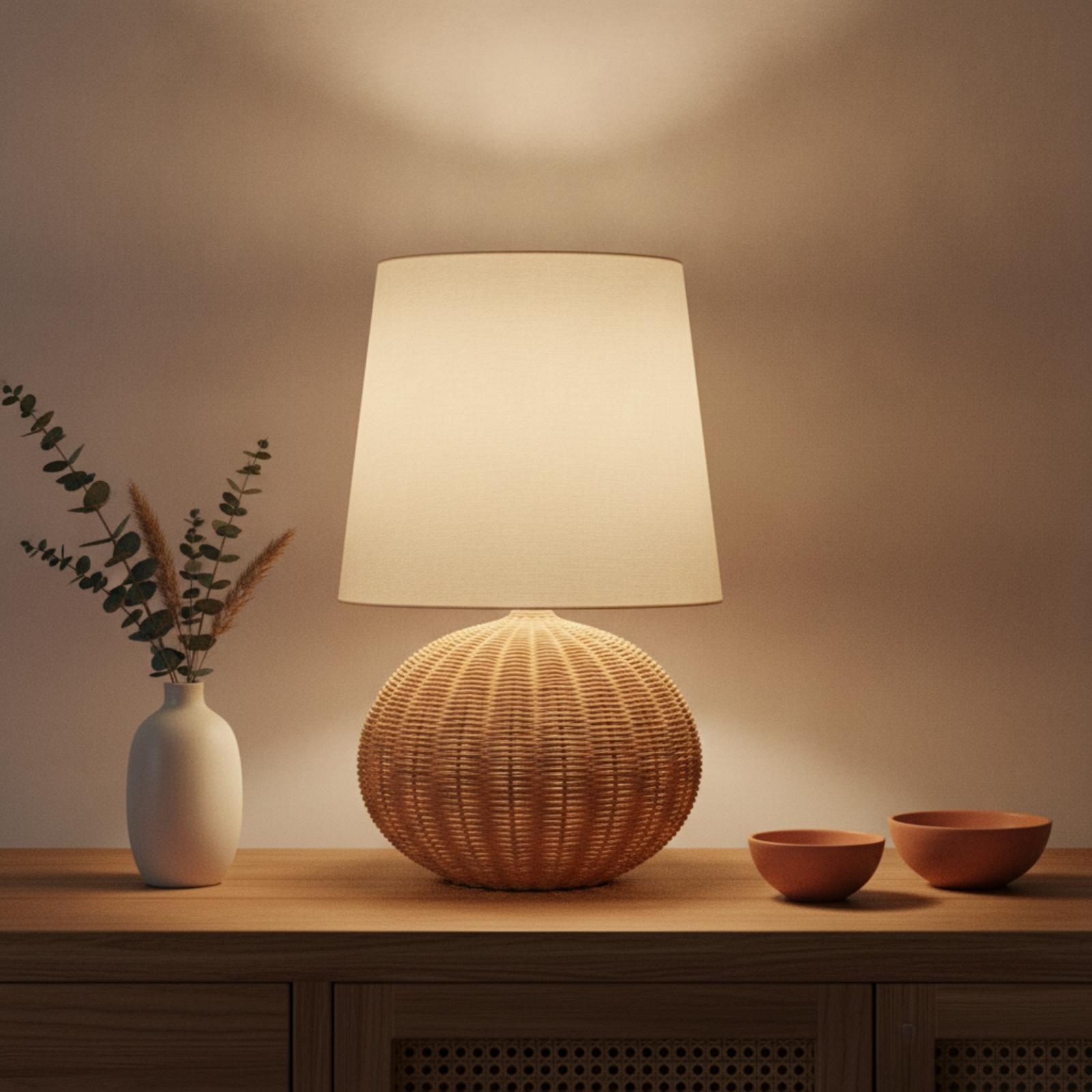 Bedside Lamp Rattan Base Fabri - Desk Setup Lamp ulasan dan harga